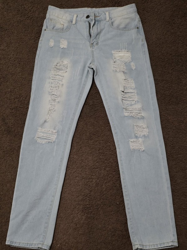 Men’s Light Wash Light Blue Distressed Skinny Denim Jeans 5-Pocket Button Zip