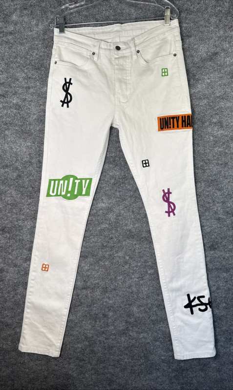 Ksubi Jeans Men’s White Denim Sz 32 Hype/Streetwear Style Embroidery & Patchwork
