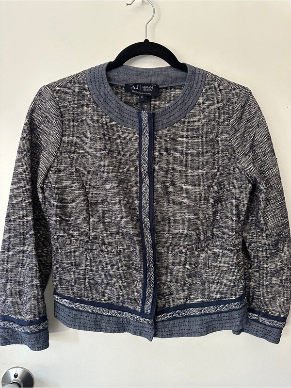 Armani Jeans Tweed Knit Jacket Blue Braided Trim Button Front Size 42 US 6 M