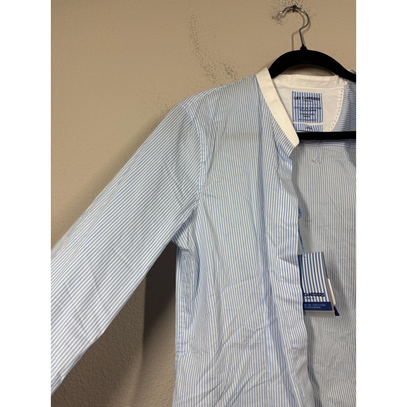 Les Canebiers Large Flat Collared Button Up Shirt Sky Blue Striped Cotton Blend gallery