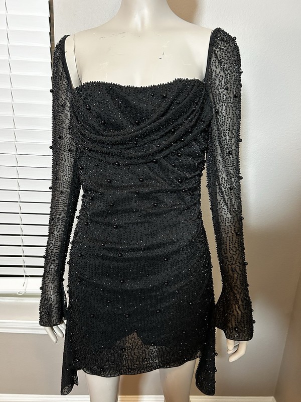 Oh Polly Black Mini Dress Cowl Neck Long Sleeve Beaded Mesh Sheer US 6