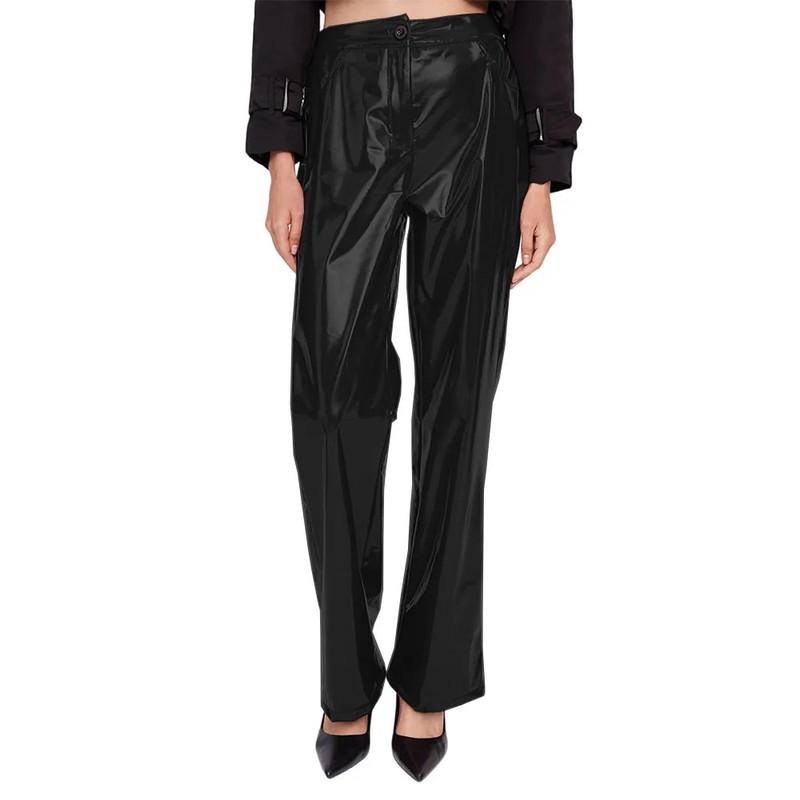 Shiny PVC Leather Straight Pants Women Sexy High Waist Casual Pencil Trousers