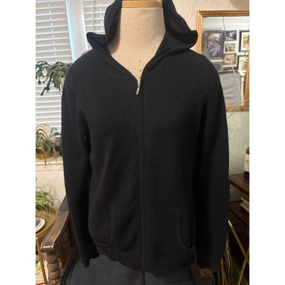 Charter Club Luxury 100% Cashmere Hooded Zip Sweater Black M Full Zip Pockets