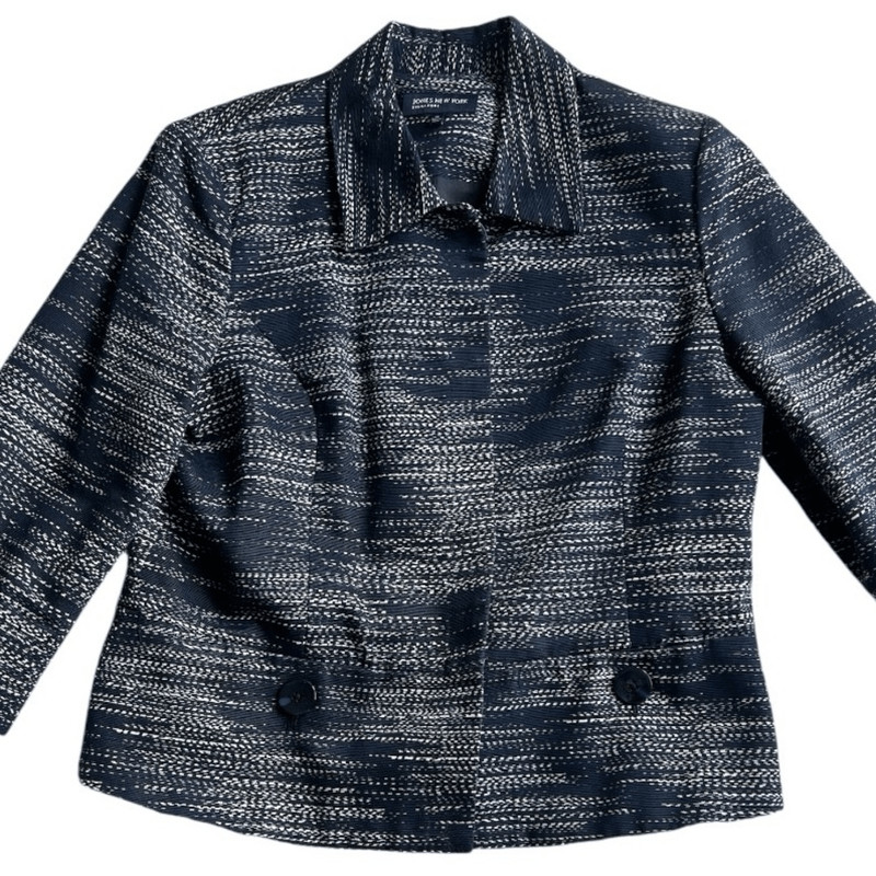 Jones New York Navy Blue White 100% Cotton 3/4 Sleeve Crop Blazer sz 14
