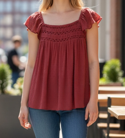 Maurices Rust Red Clip Dot Crochet Yoke Flutter Sleeve Blouse XL Mens Womens