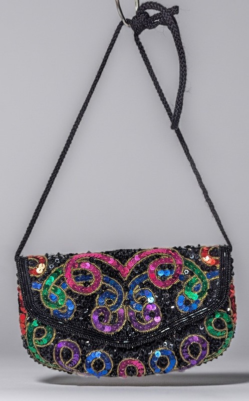 Vintage Beaded Sequin Evening Bag Black Multicolor Scroll Pattern Shoulder Purse