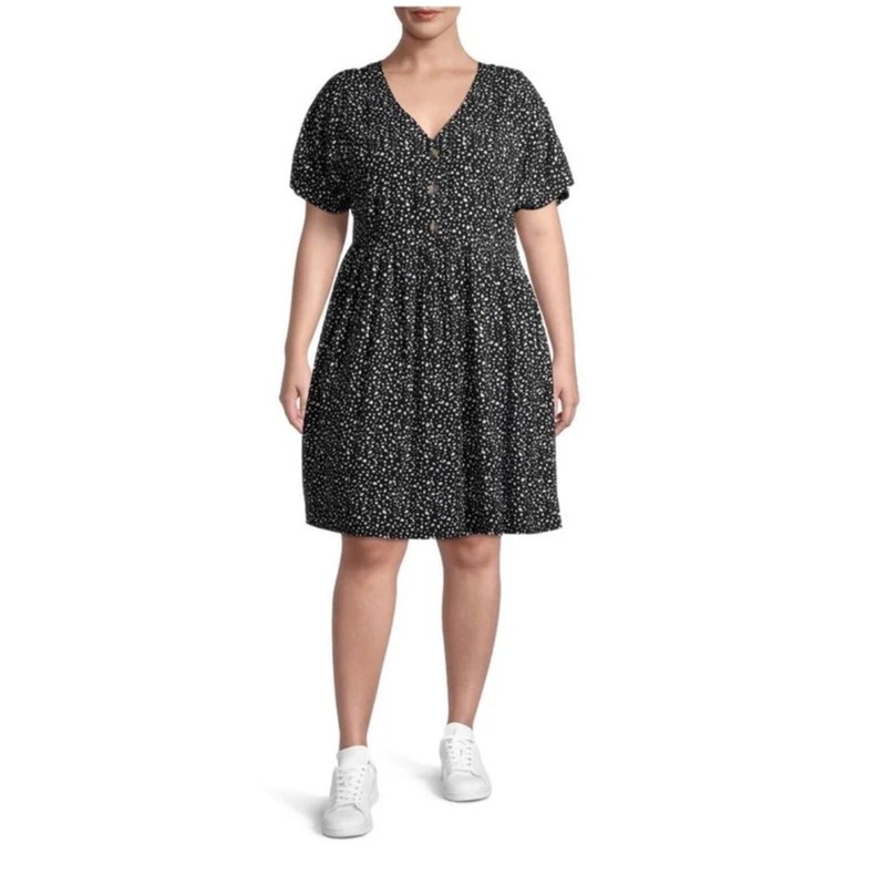 #106 0x 14 Terra & Sky Black White Speckle Dot V-neck Babydoll Dress gallery