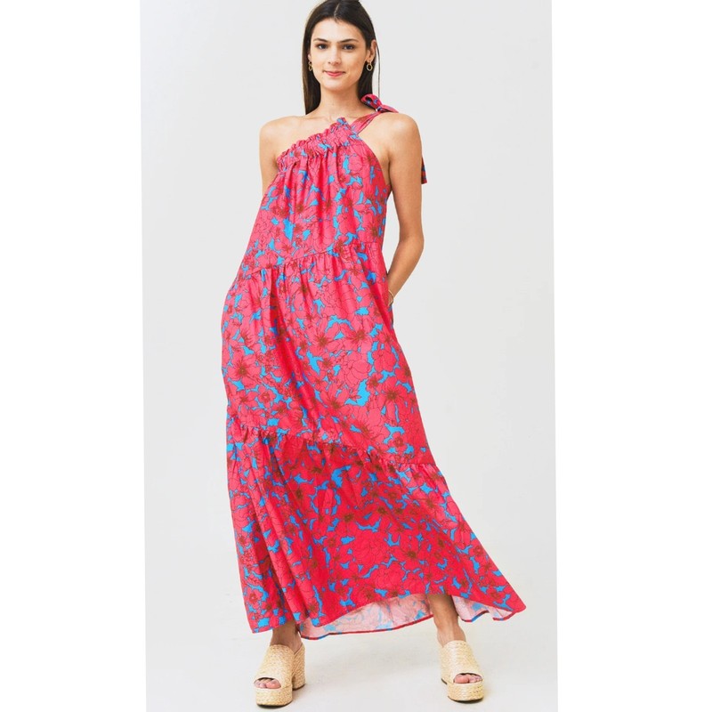 XÍRENA Womens Maisie Tiered Poplin Maxi Dress Sz M One Shoulder Pink And Blue
