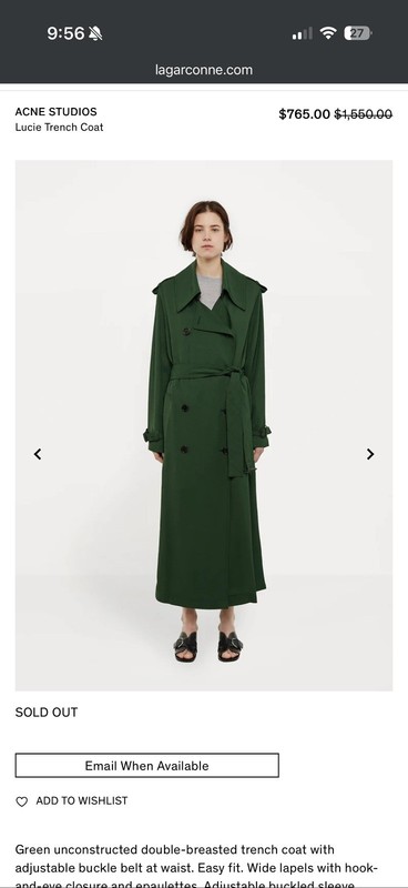 Acne Studios Green Trench Coat FR36 S/M AU 8/10