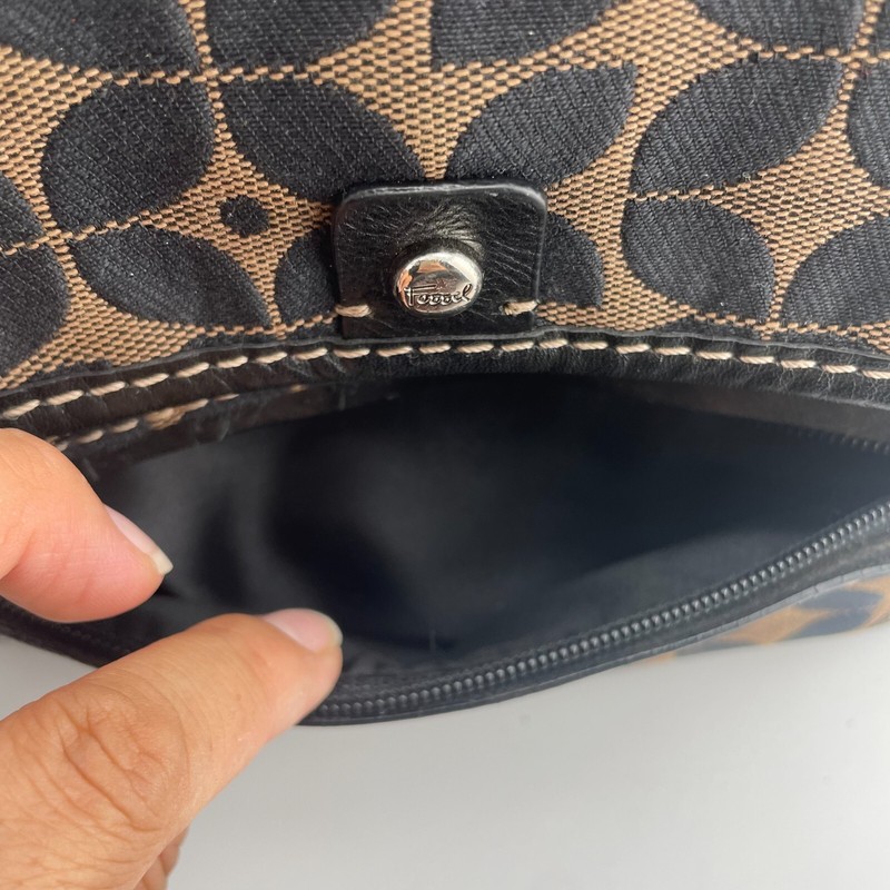 Fossil Signature Print Black/Brown Fabric Adjustable Crossbody Purse Vintage gallery