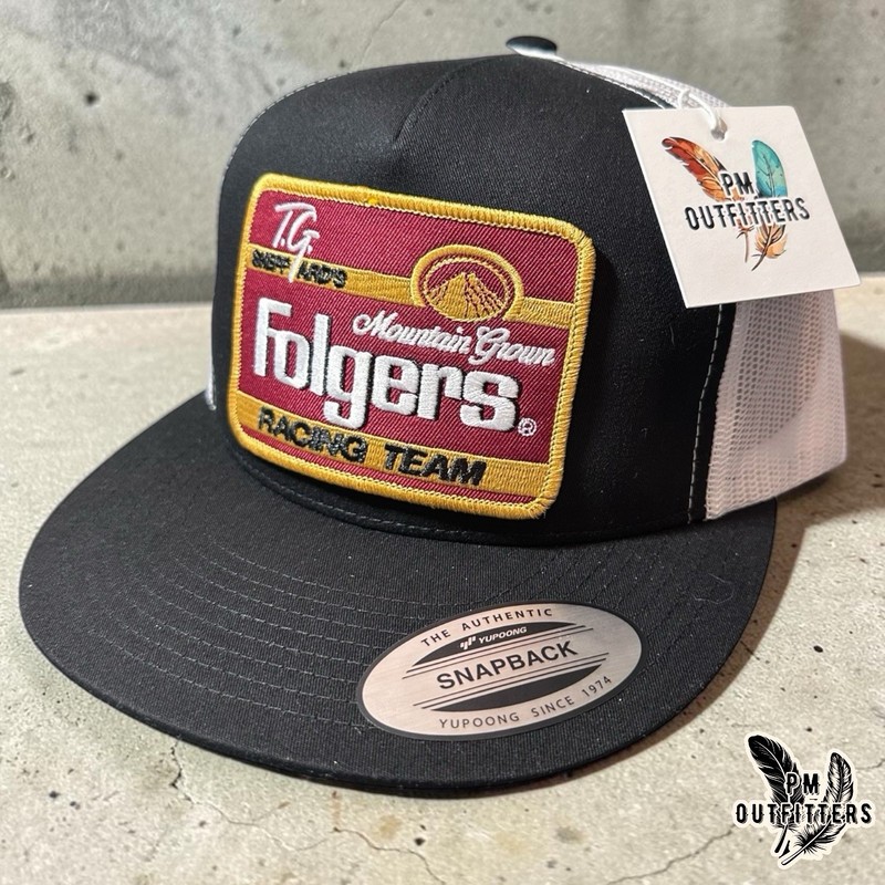 TG Sheppard Folgers Racing Team Hat Yupoong 6006 Black White 5 Panel Flatbill