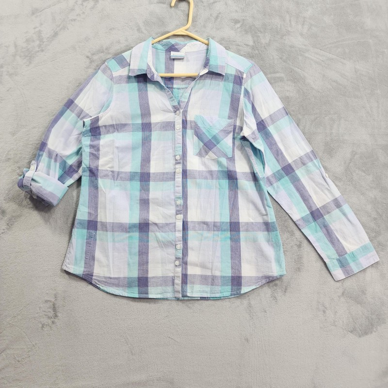 Columbia Shirt Womens L Blue Plaid Button Front Roll Tab Sleeve Cotton Casual