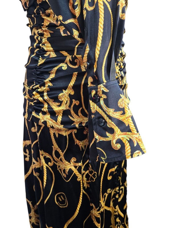 GANNI Baroque Print Silk Blend Ruched Midi Dress Black Gold EU 36 US 4 gallery