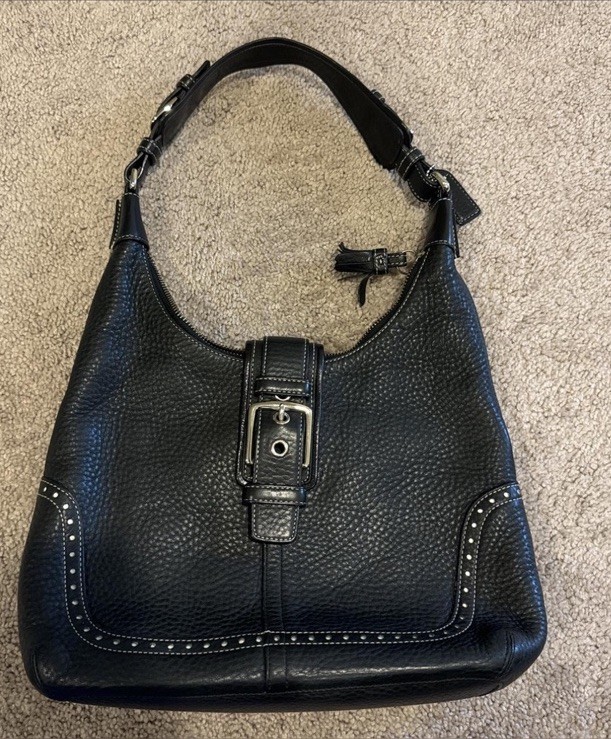 Coach Black Pebbled Hobo Shoulder Bag, Studded Buckle, Zip, Detachable Strap