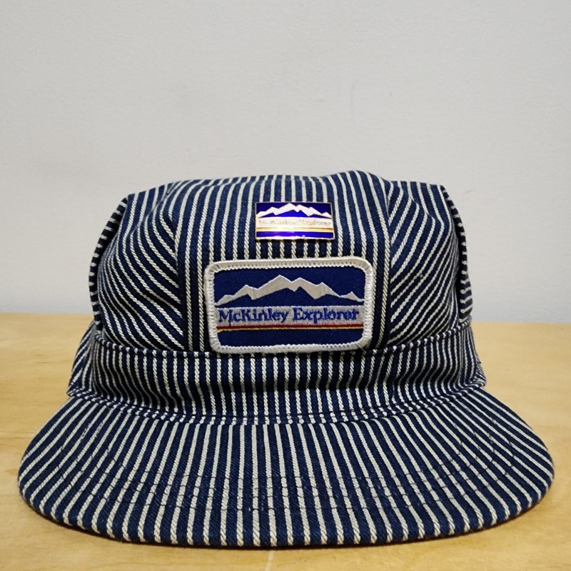 Vintage 80s McKinley Explorer Hickory Stripe Train Engineer Hat Snapback USA