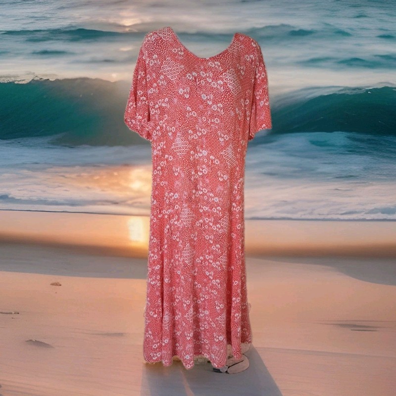 Woman Within Midi Dress 1X 22/24 Peach Floral Crinkle Gauze Rayon Casual Flowy
