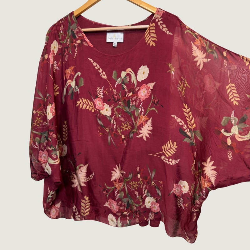 Belle France Womens Poncho Top XL Burgundy Floral Silk Blend Sheer Boho Romantic
