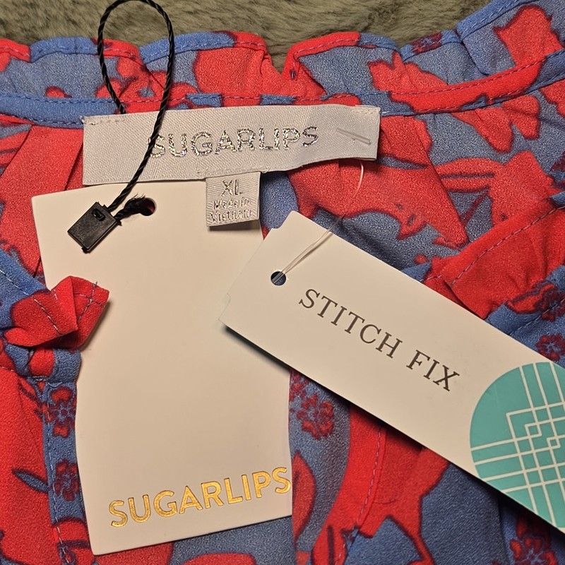 Sugarlips Pink/Blue Floral Thea Flutter Sleeve V Neck Blouse Top Size XL NWT gallery
