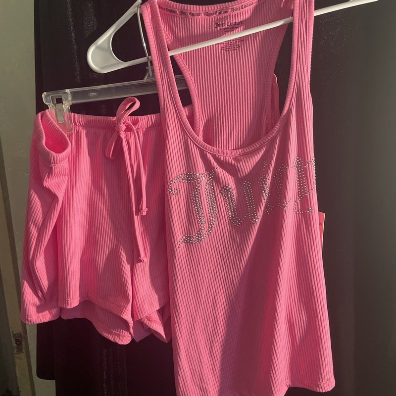 Juicy Rhinestone Ribbed Knit 2-Piece Set Tank Top & Shorts Pink L