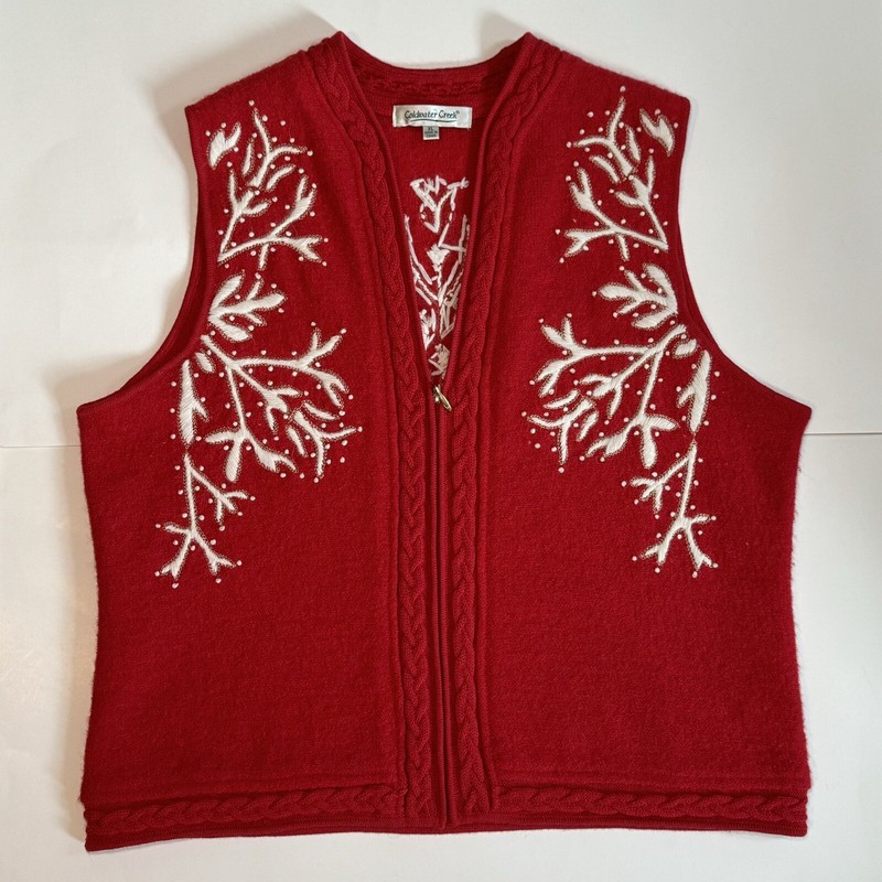 Cottagecore Red Wool Christmas Sweater Vest Size XL Embroidered Snowflake