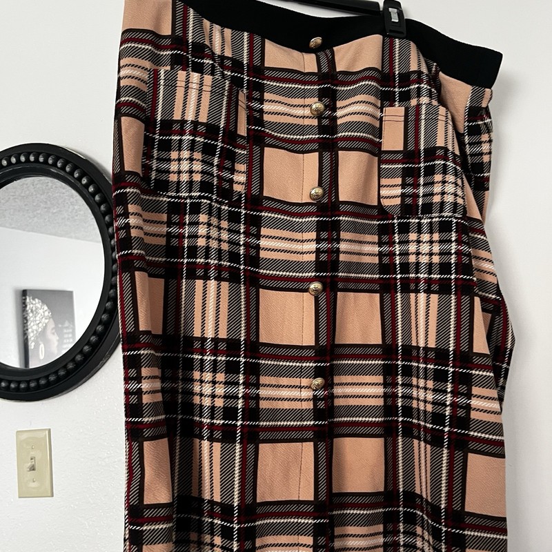 Women’s Plus 3XL Beige/Black/Red/White Plaid Maxi Skirt Button-Front Knee Length