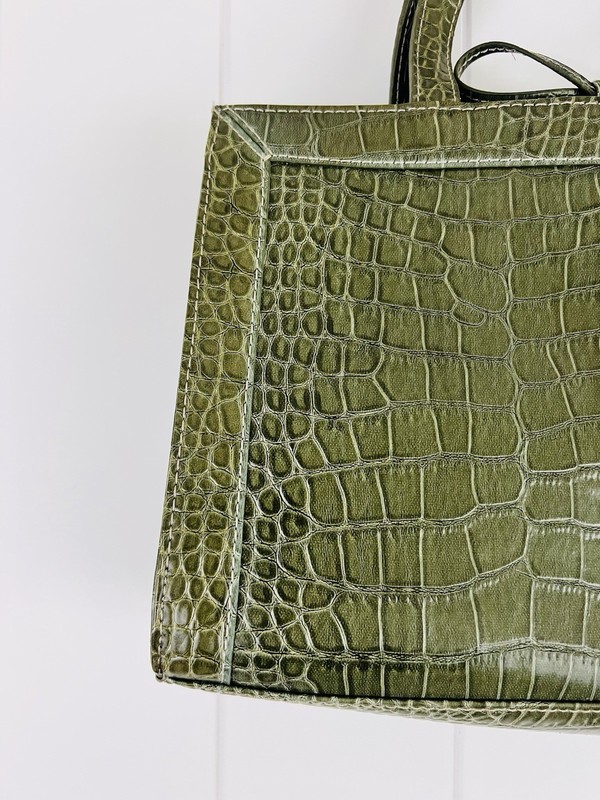 Vintage Liz Claiborne Olive Green Crocodile Embossed Shoulder Bag Bow Accent gallery