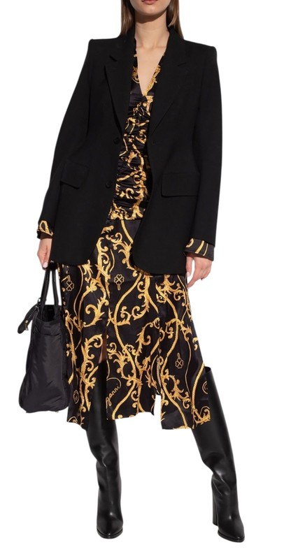 GANNI Baroque Print Silk Blend Ruched Midi Dress Black Gold EU 36 US 4 gallery