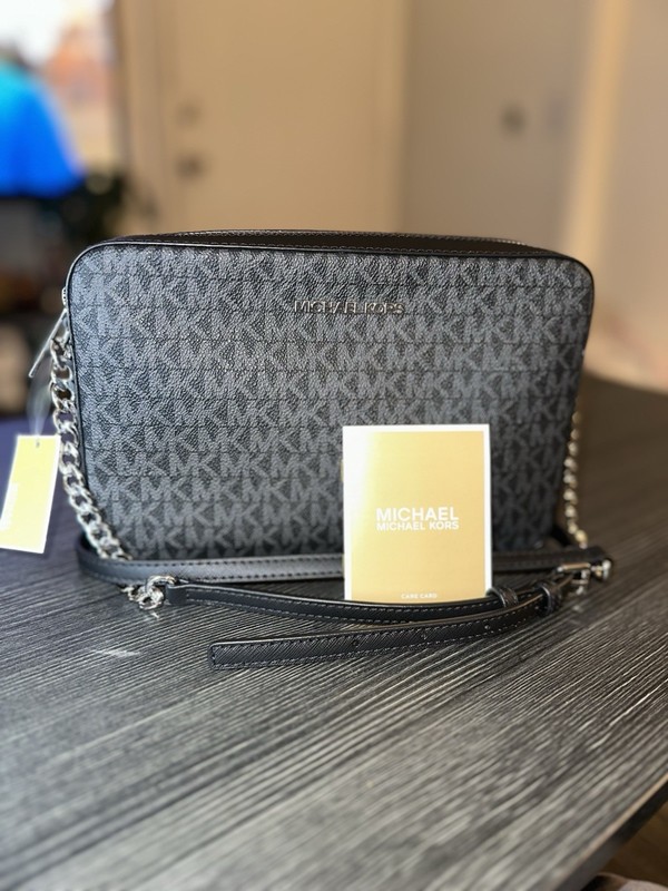 Michael Kors Black Leather Monogram Print Crossbody Bag Purse