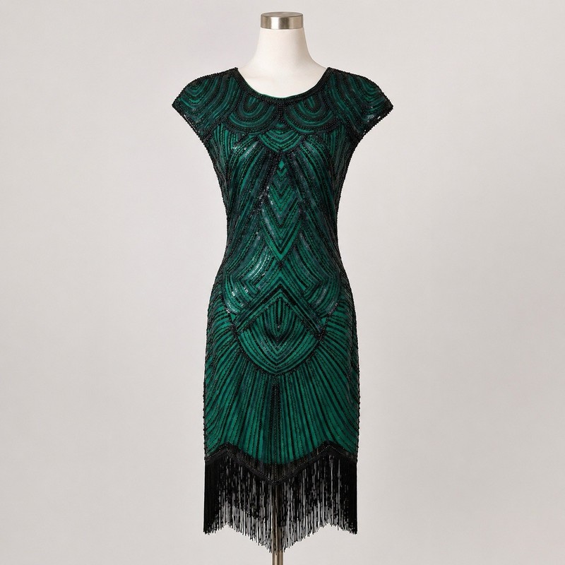 Babeyond 1920’s Gatsby Flapper Dress Sz M Green Beaded Fringed Sequin Art Deco
