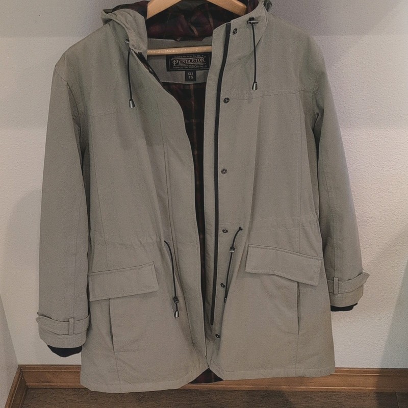 Pendleton Men’s XL Beige Hooded Lined Zip-Up Mid-Length Parka Jacket Pockets