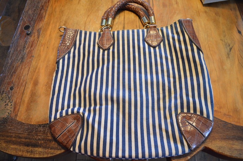 Liz Claiborne Canvas Women’s Tote Purse Handbag,Blue Stripe,Brown