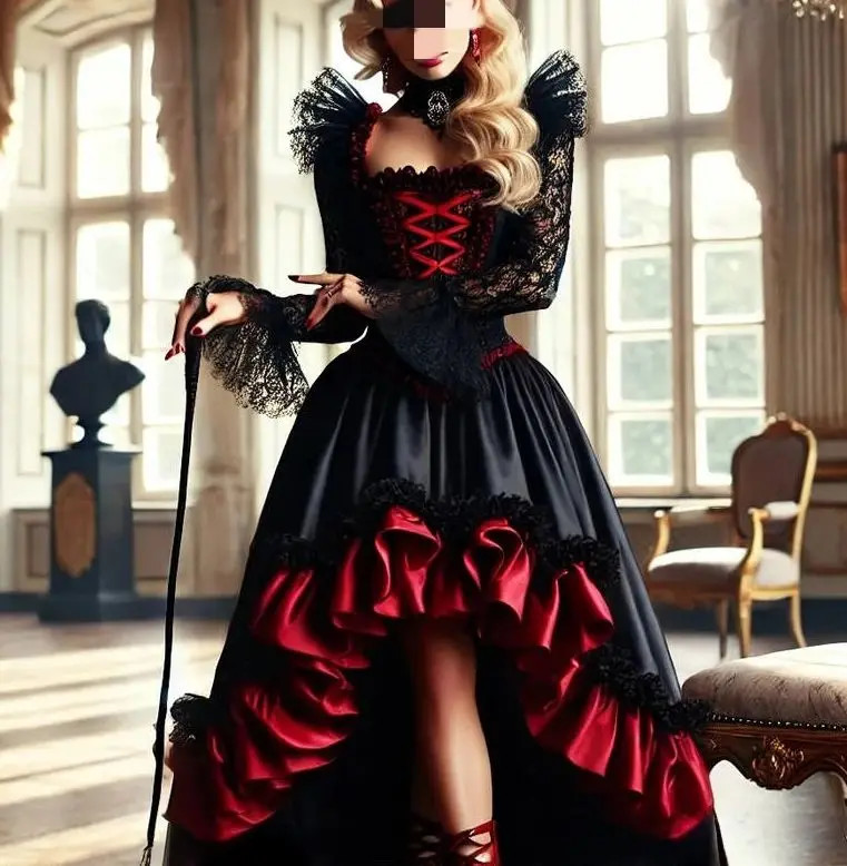 High Low Gothic Vampire Prom Dress Ruffles Black+Red Flare Long Sleeves Vintage