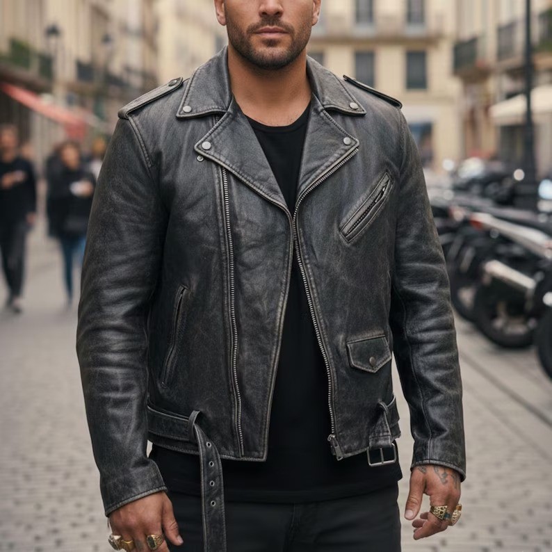 Men’s Vintage Distressed Black Genuine Leather Biker Motorcycle Moto Jacket