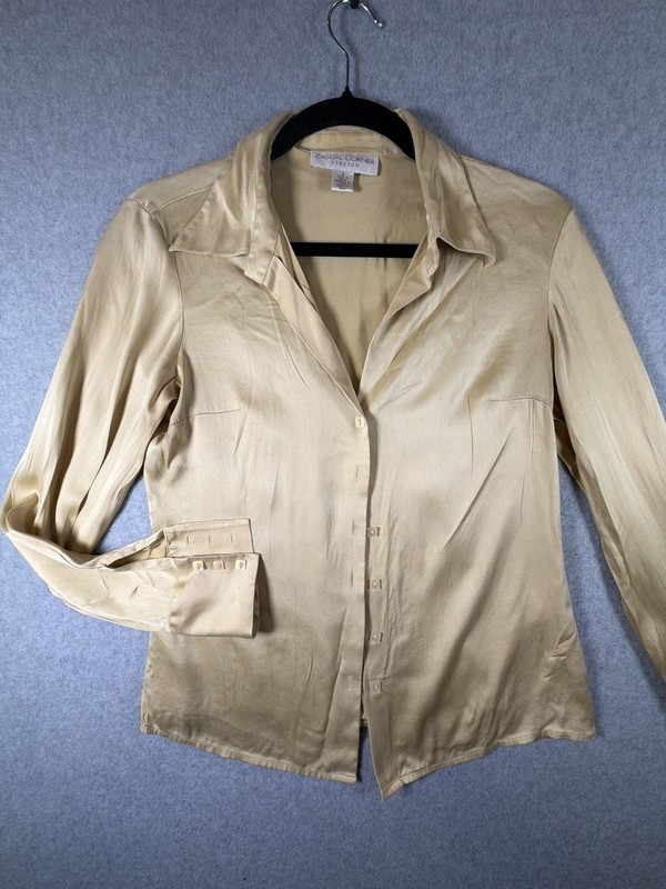 Casual Corner Stretch Silk Charmeuse Button Down Blouse Champagne Gold Small