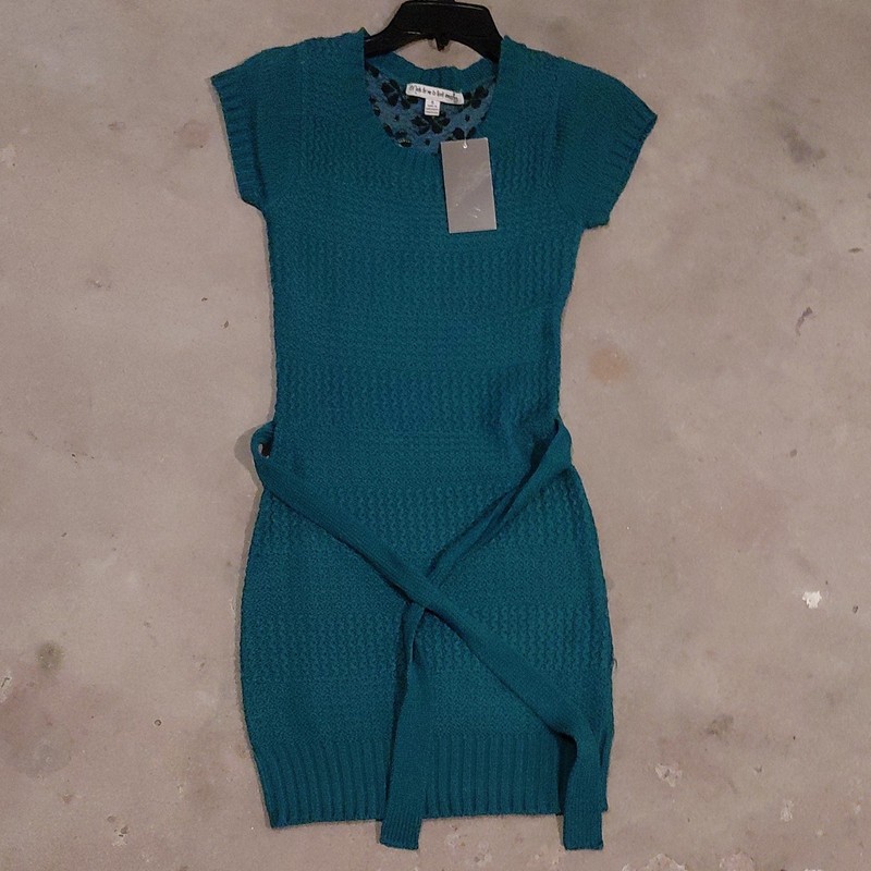 Ruth Sterne by Cyril Teal Knit Cap Sleeve Crew Neck Sweater Dress Floral M