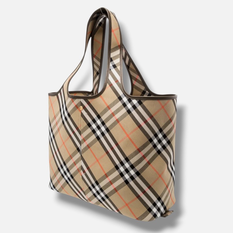Burberry Women's Beige Small Leather Canvas Check Shopping Tote Bag gallery
