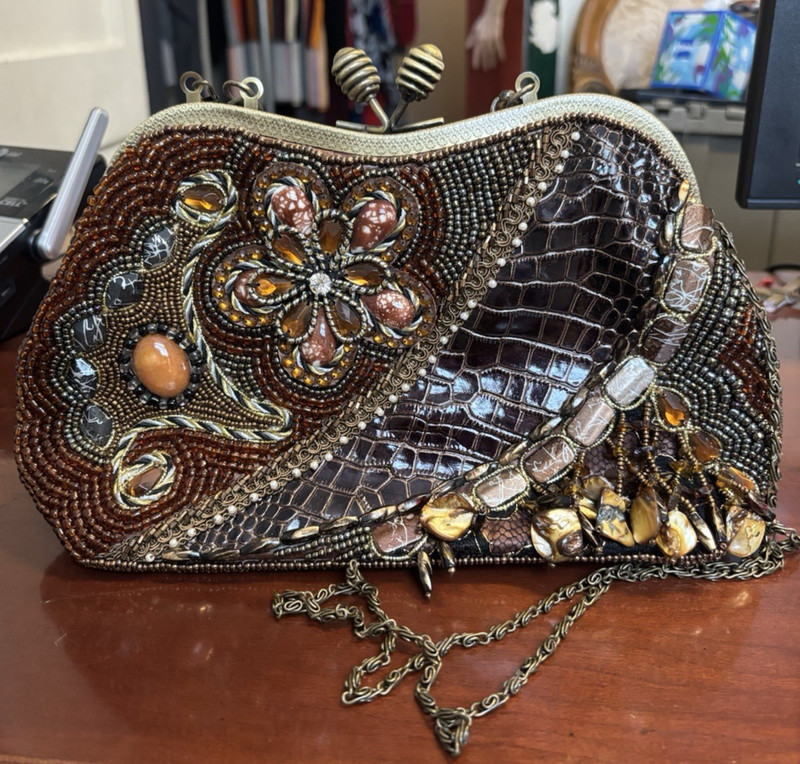 Chico’s Beaded Evening Bag Brown Kiss Lock Cluch Crossbody Floral Boho Art Purse
