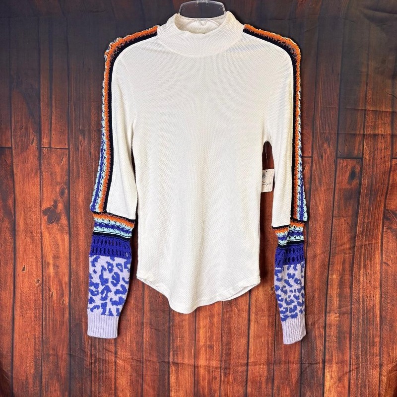 NWT Free People Ivory Waffle Knit Mixed Sleeve Top Sz M MSRP $78 Boho