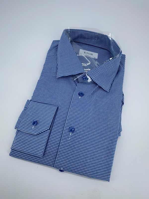 Eton Dress Shirt Mens 3XL 18 1/2 – 47 Blue White Gingham Check Contemporary Fit
