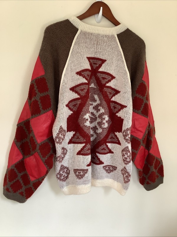 Vintage Mark Elliot Xl Leather Mohair Blend Aztec Tribal Mens Crew Sweater gallery