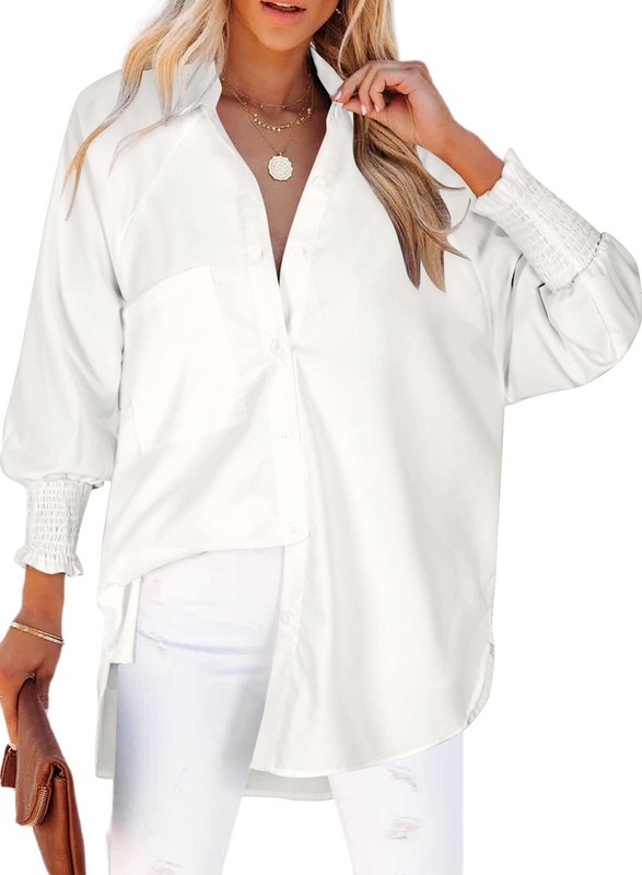 Womens Smocked Cuffed Solid Boyfriend Shirt Casual Collar Long Sleeve Oversiz…