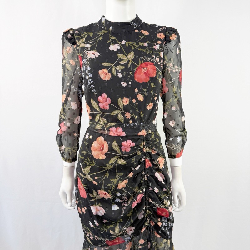 Eliza J Black Poppy Floral Print Belted Midi Dress Size 4 Formal Cocktail Party gallery