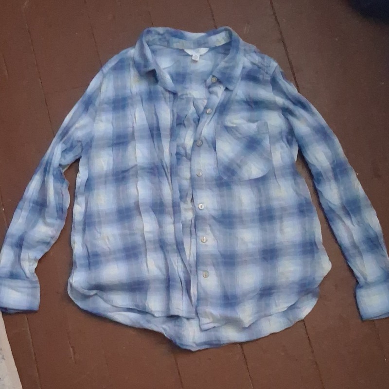 Teens Blue/White Plaid Flannel Button-Up Shirt Collared Long Sleeve Size M