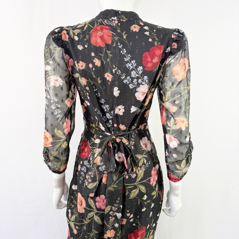 Eliza J Black Poppy Floral Print Belted Midi Dress Size 4 Formal Cocktail Party gallery