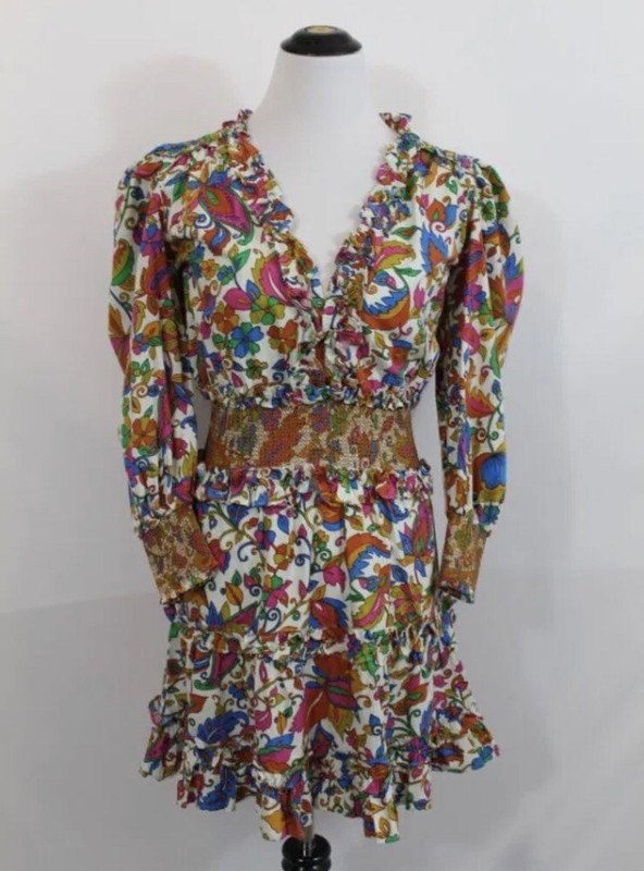 HOUSE of HARLOW 1960 Floral Flowers Puff Sleeve V-Neck Ruffled Mini Dress S gallery
