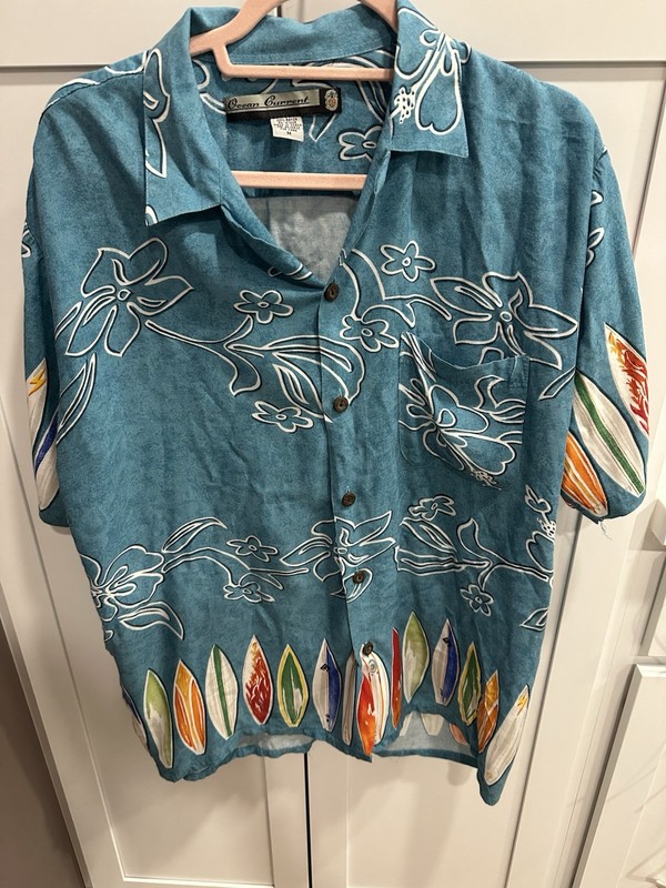 Vintage Ocean Current Surfboard Print Hawaiian Shirt Mens M Rayon Surfwear