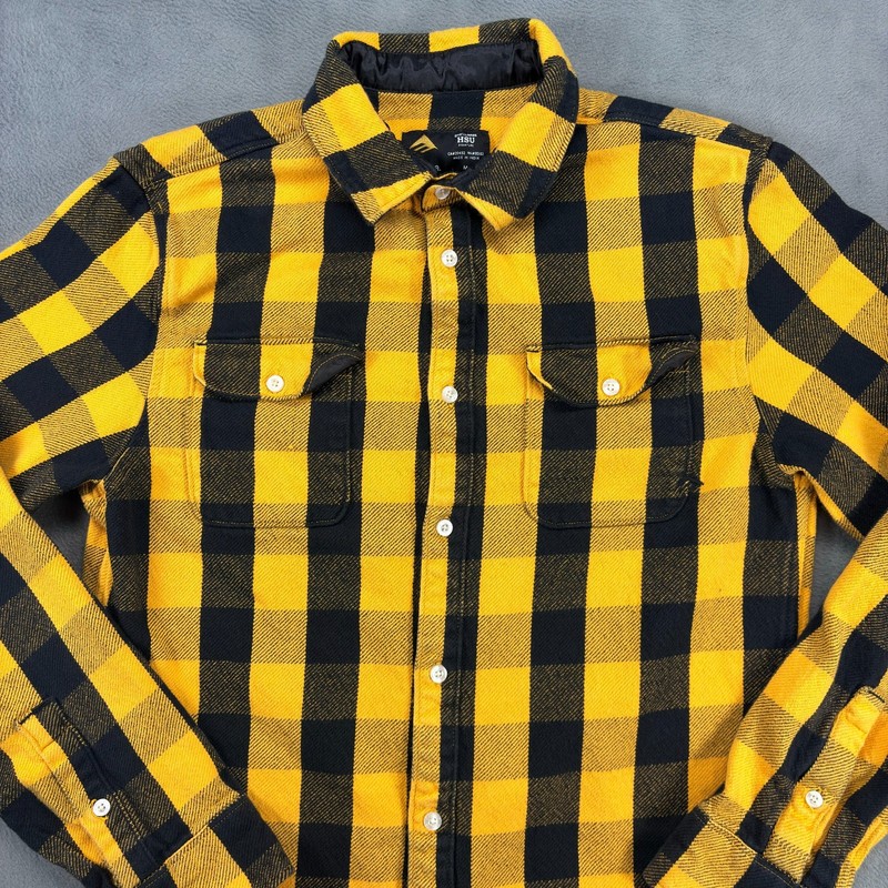 Emerica HSU Skateboarding Flannel Button Up Shirt Men's Medium Black/Yellow gallery