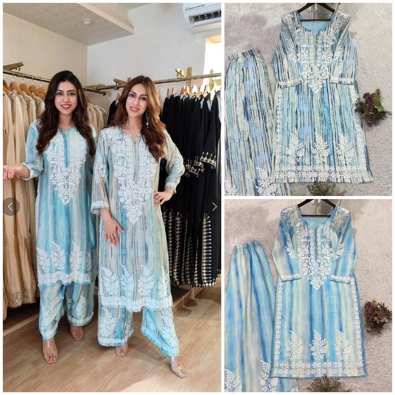 Sky Blue Rayon Kurta Palazzo Set Embroidered Ethnic Suit Summer Wear For Women gallery