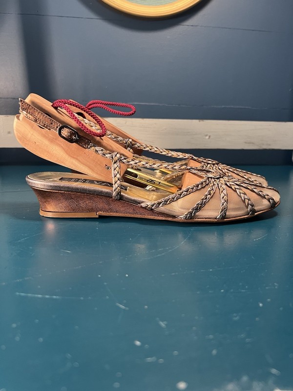 Prevata Women 7 AA Silver Gold Braid Mesh Toe Strappy Wedge Sandals
