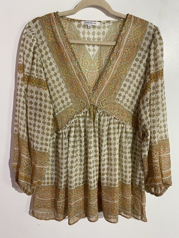 Rose & Olive Top L Sheer Babydoll Boho Modest Cottagecore Peasant Feminine